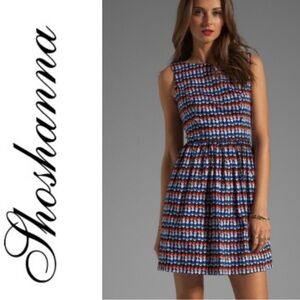 Shoshanna Tillie dress Size 2 fit & flare black with red white blue pattern